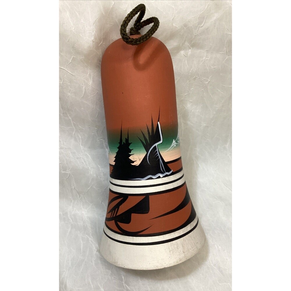 Native American Hand Made Clay Wind Chime with Teepee & Mountains Signed